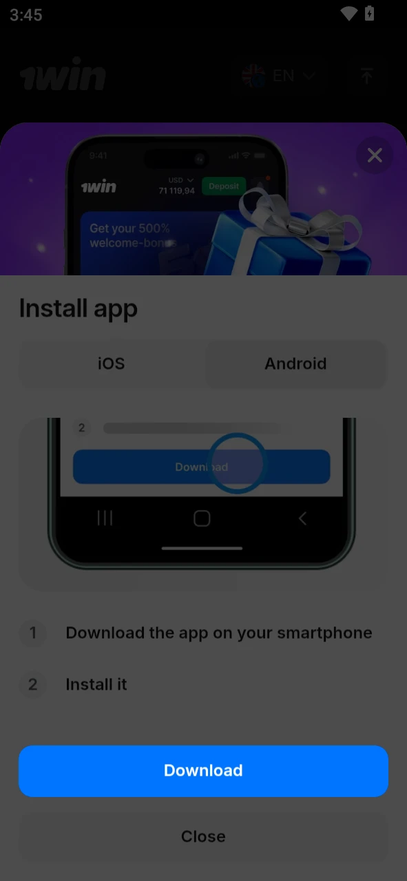 Download the 1Win app for your Android device.