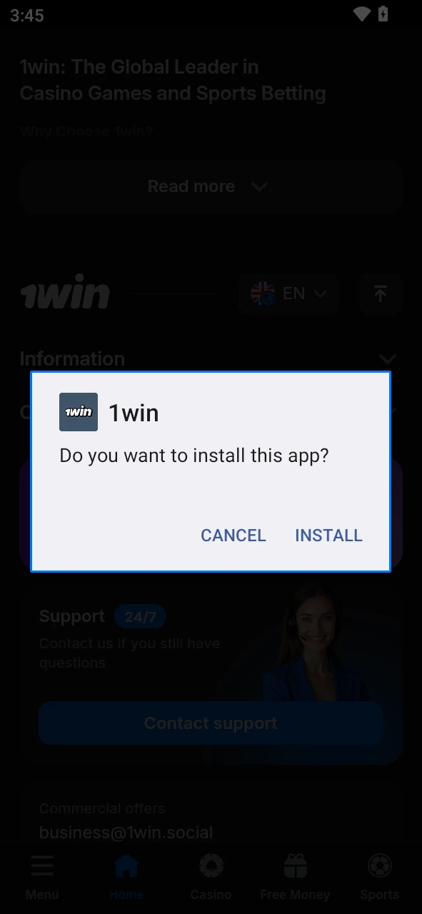 Install the 1Win app for Android.