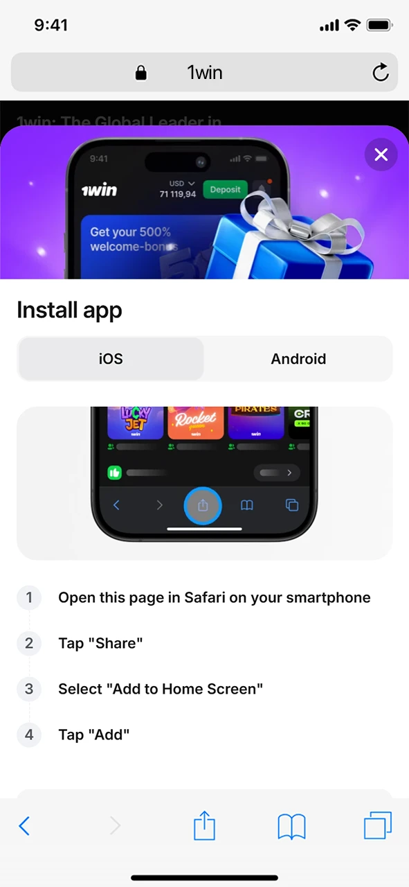 Install the 1Win app on your iOS device by following the instructions.