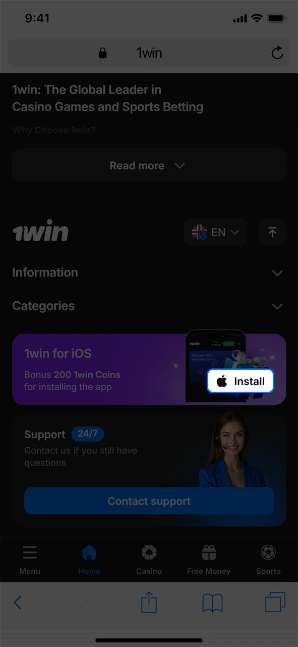 Go to the 1Win app download section for iOS.